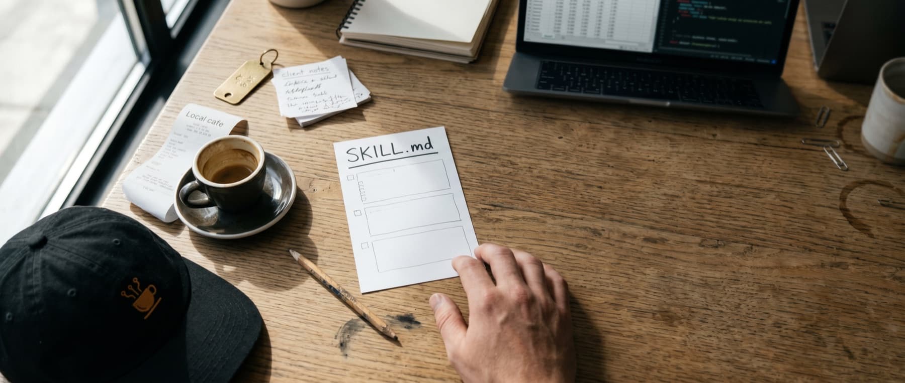 A skill.md card on a warm wooden desk — the artifact you're buying