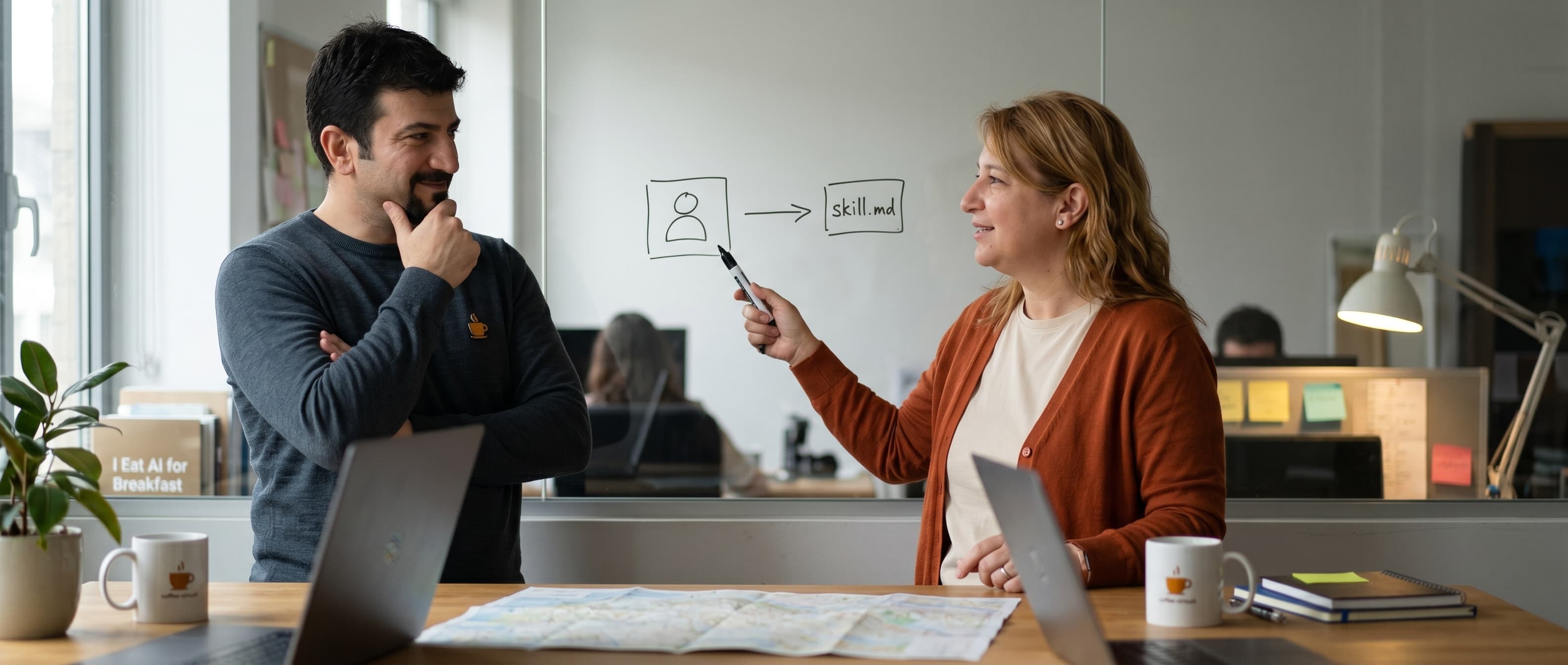 Goker and Dilek at a whiteboard, mapping a workflow into skill.md